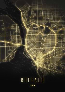 Buffalo, New York State - Illuminated City Streets Map, USA Wall Art