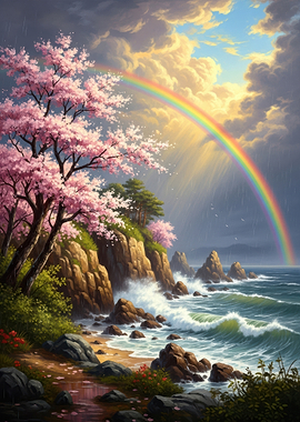 Cherry Blossoms and Rainbow Over Rocky Coastline