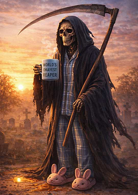 Meme Absurd Grim Reaper in Pajamas with Coffee