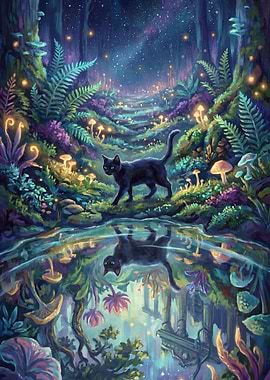 Black Cat in Enchanted Forest
