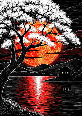 Red Moon Over Japanese Landscape