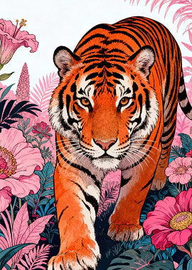 Tiger in a Floral Jungle