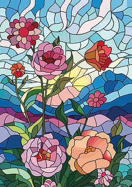 Stained Glass Flowers and Landscape