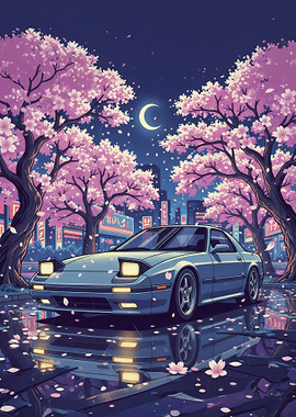 Retro Car Under Cherry Blossoms