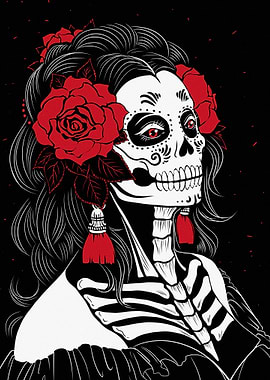 Dia de los Muertos Skull Woman with Roses