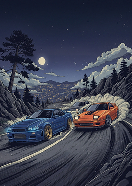 Night Drifting Cars on Mountain Road