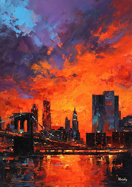 Expressionist New York Skyline Dramatic Sunset Cityscape