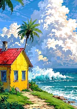 Tropical Beach House with Crashing Waves