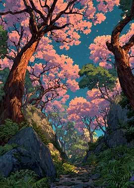 Enchanting Forest Path with Cherry Blossoms