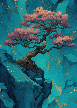 Bonsai Tree on Blue Rocks