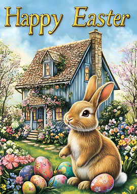 Happy Easter Bunny and Decorated Eggs