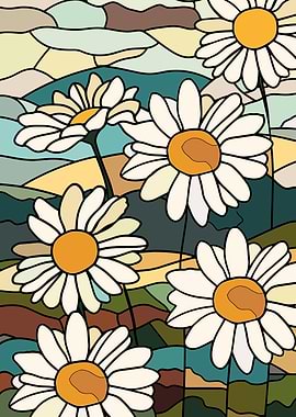 Stained Glass Daisies in a Landscape