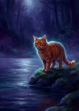 Mystical Cat by Moonlit Water