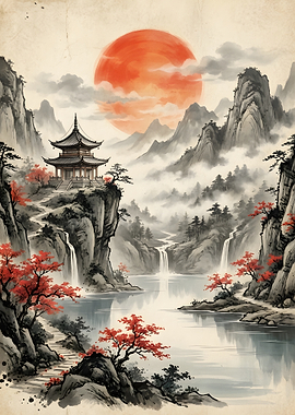 Japanese Pagoda Landscape with Red Sun