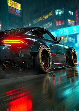 Cyberpunk Car in Rainy City