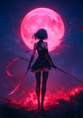Anime Warrior Under a Pink Moon