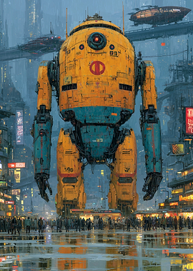 Giant Robot in Rainy Cyberpunk City