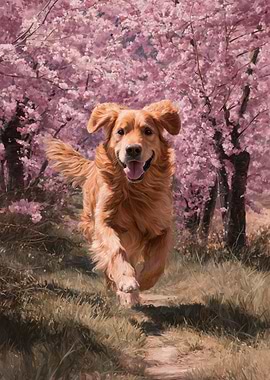 Golden Retriever Running Through Cherry Blossoms
