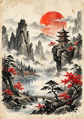 Japanese Pagoda Landscape Painting