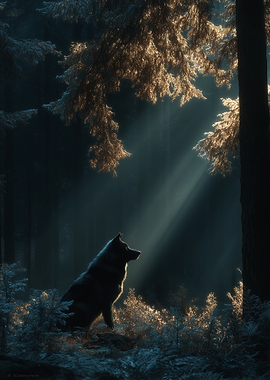 Wolf in Sunbeams in Forest