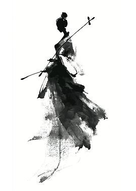Ink painting of a woman playing a string instrument
