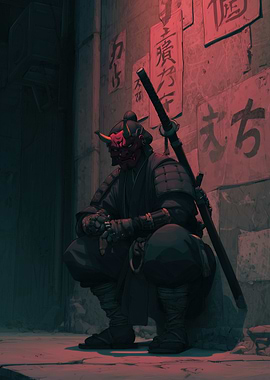 Samurai with Oni Mask in Alley