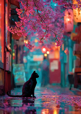 Black Cat Under Cherry Blossoms