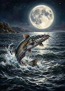 Catfish Leaping Under the Full Moon