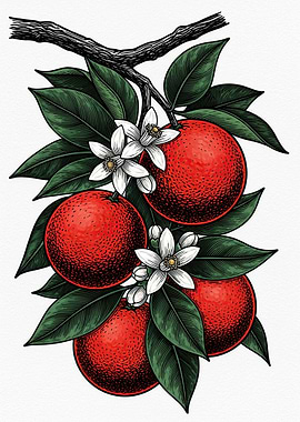 Orange Branch with Fruit and Flowers