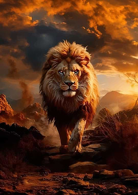 Majestic Lion in a Fiery Landscape