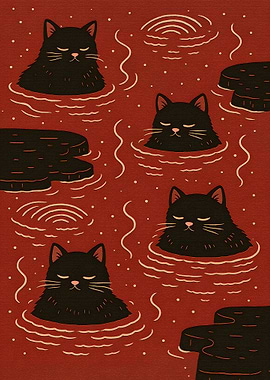 Black Cats Relaxing in Hot Springs