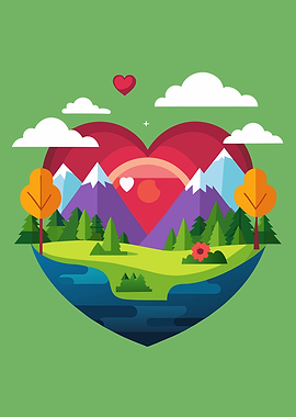 Heart-shaped landscape with mountains and sun
