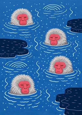 Snow Monkeys Relaxing in Hot Springs