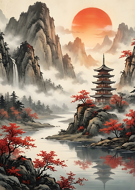 Serene Japanese Mountain Pagoda Landscape