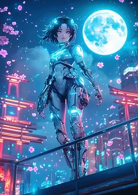 Cyberpunk Anime Girl Under a Blue Moon