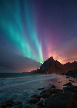 Aurora Borealis over Mountains and Beach