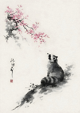 Raccoon Looking at Cherry Blossoms