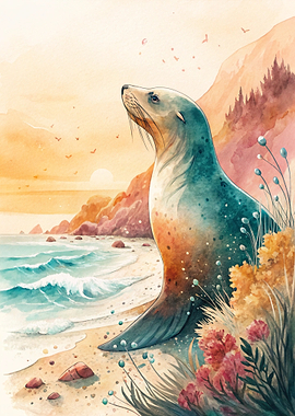 Seal on a Beach at Sunset