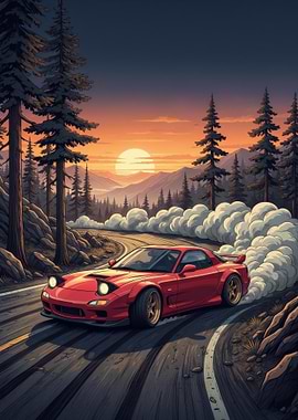 Red car drifting at sunset