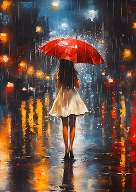 Woman with Red Umbrella in Rain