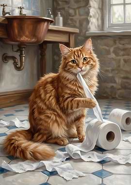 Mischievous Cat Plays with Toilet Paper