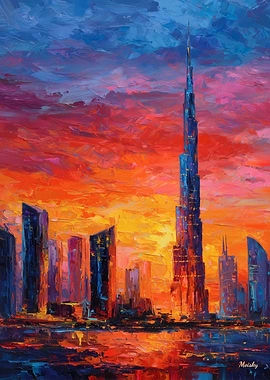 Expressionist Dubai Skyline Dramatic Sunset Cityscape