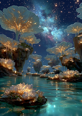 Alien bioluminescent flora under starry sky