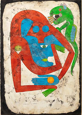 Abstract figures with a green creature