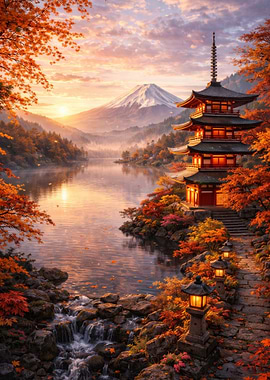 Pagoda and Mount Fuji in Autumn