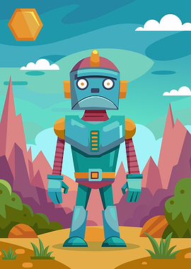 Sad Robot in a Pixelated Landscape