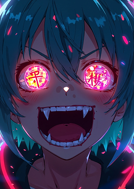 Anime Girl with Glowing Eyes and Fangs