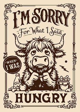 I'm Sorry When Hungry Poster, Highland Cow Humorous Art, Funny Animal Wall Print