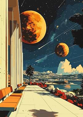 Sci-fi landscape with planets and city