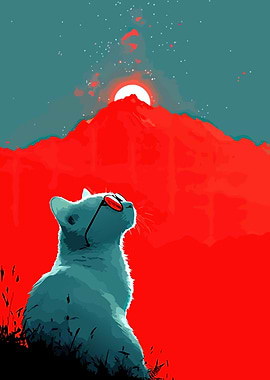 Cat Wearing Sunglasses Looking at Sunset